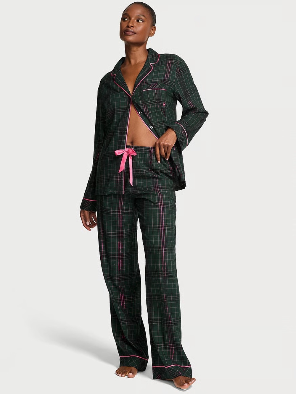 Victoria’s Secret green & metallic pink plaid print matching pajama set 💜